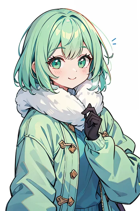 Precision, mint green hair, bob hair,Winter clothes,Fluffy,20-year-old woman, kind smiles,White background