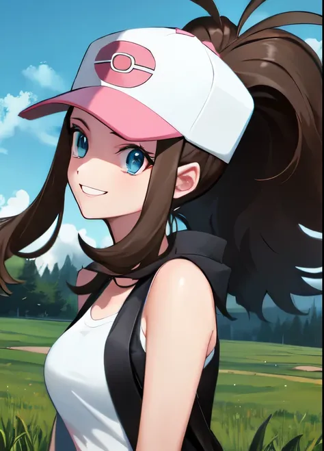 def1, upper body, smile, outdoors, simple background, grass, sky, day, hat off, no hat