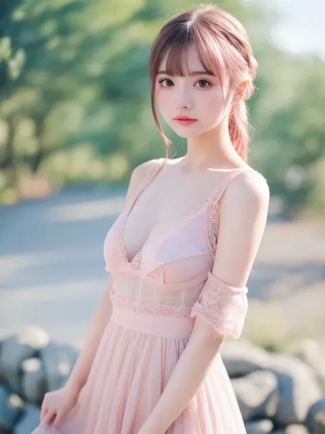  one girl、１６、anatomy、 pale pink eyes 、 loosely knitted low ponytail 、 light pink hair、 small breasts、 black dress 、Open Neck Dress 、 sheer lace dress、 transparent feeling 、 random poses、((( blurry background、 watercolor style background  )))、 top quality、 ...