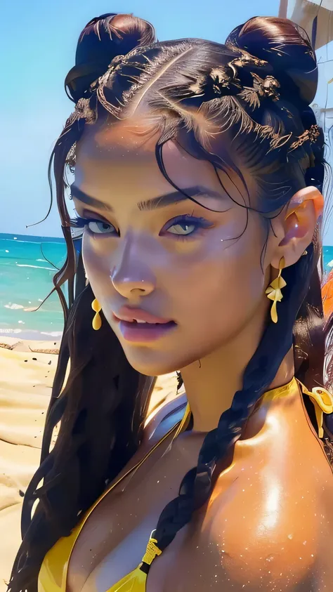 ((masterpiece、 Max Image、 Ultra High Definition、 high definition ))、4K quality、( beautiful woman)、22 years old、 wet skin 、Shining Eyes、 perfect eyes、(Beautiful Egyptian sisters )、(maikurobikini:1.5)、 beach 、Crowd in the background、 sexy、(Braided curly hair...