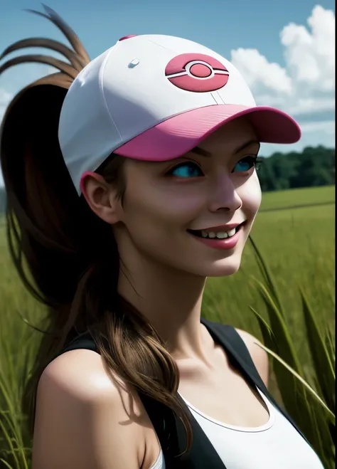 def1, upper body, smirk outdoors, simple background, grass, sky, day, holding cap, cap off, cap off