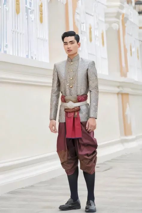 arafed man in a traditional thai outfit standing in front of a building, sukhothai costume, beautiful androgynous prince, dressed in a jodhpuri suit, in style of thawan duchanee, traditional clothes, ornate attire, wearing an ornate outfit, delicate androg...