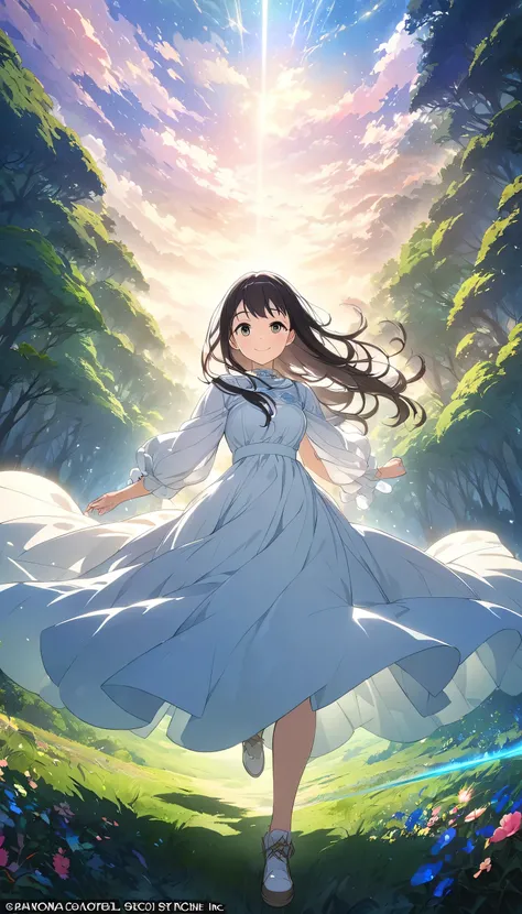  high definition , ( official art, beautiful、And aesthetic : 1.2), close view, A vast world,  girl,  Running,  fresh smile ,  Long Skirt, Distant Horizon, forest, natural beauty,  Inspiration , Light effects  