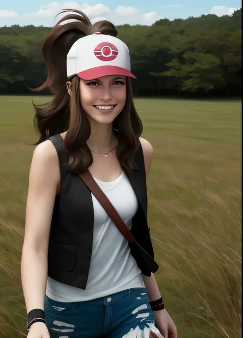 def1, upper body, smirk outdoors, simple background, grass, sky, day, holding cap, cap off, cap off, brown bangs, bangs, cap off, no cap, not wearing cap, brown bangs, def1, upper body, smirk outdoors, simple background, grass, sky, day, holding cap, cap o...