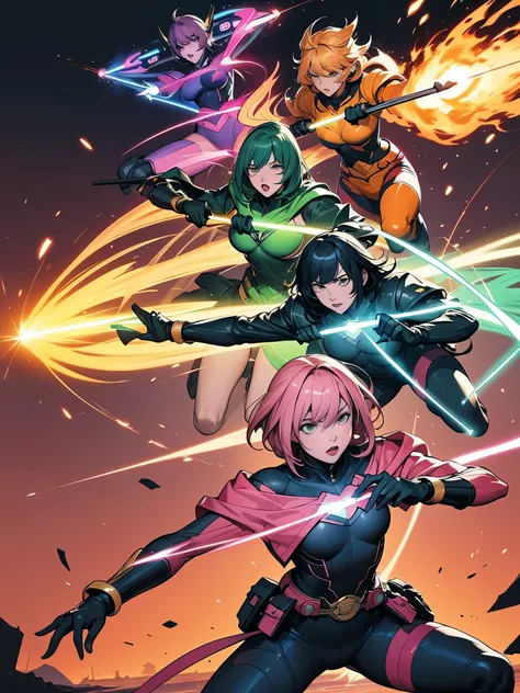 A brave and daring image of the six-man Ranger team, Each is decorated with the following vibrant colors:: neon pink, Sunset Orange, Fire engine red, plasma violet, Fluorescent Green, shocking yellow. A dynamic pose with a background that oozes energy and ...