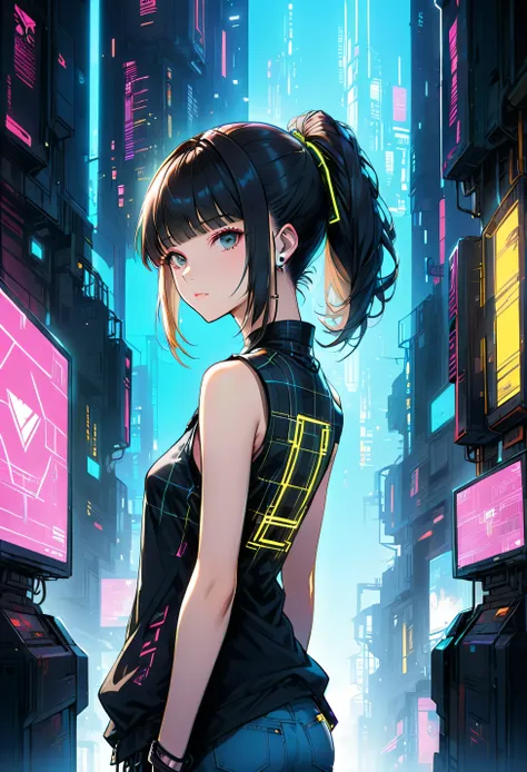 style of Santiago Caruso,1 Girl,Solitary，Blue Background，Oversized ，Hip-hop style，Black plaid sleeveless T-shirt，jeans，One hand behind your Back，Looking at the audience，(Soft and Straightforward Cyberpunk Hairstyle:1.5)Glowing fluorescent hair，Simple style...