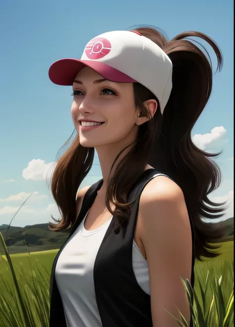 def1, upper body, smirk outdoors, simple background, grass, sky, day, holding cap, cap off, cap off, brown bangs, bangs, cap off, no cap, not wearing cap, brown bangs, def1, upper body, smirk outdoors, simple background, grass, sky, day, holding cap, cap o...