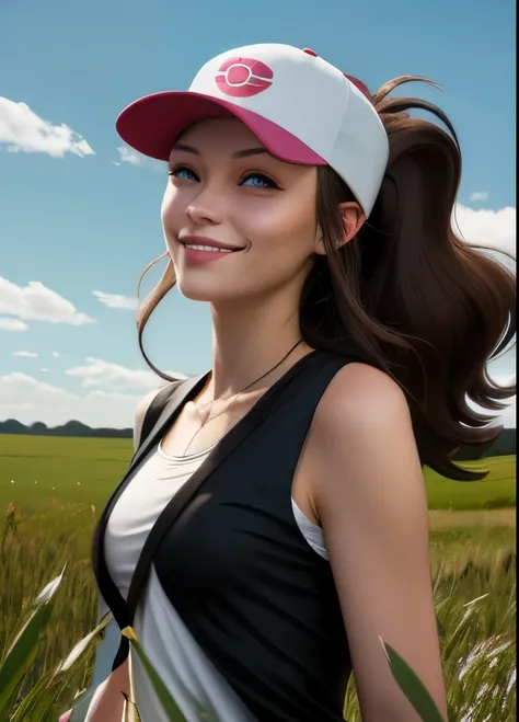 def1, upper body, smirk outdoors, simple background, grass, sky, day, holding cap, cap off, cap off, brown bangs, bangs, cap off, no cap, not wearing cap, brown bangs, def1, upper body, smirk outdoors, simple background, grass, sky, day, holding cap, cap o...