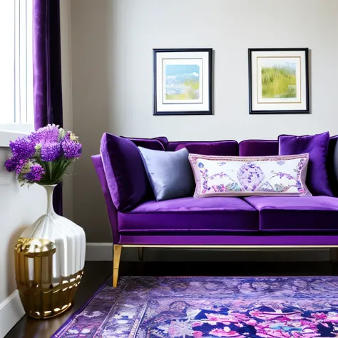 arafed room with a couch, bookshelf, and a vase of flowers, velvet couch, dark purple color scheme, bold moody colors, more dark purple color scheme, blue and violet color scheme, blue and purple colour scheme, embroidered velvet, purple colour scheme, pur...