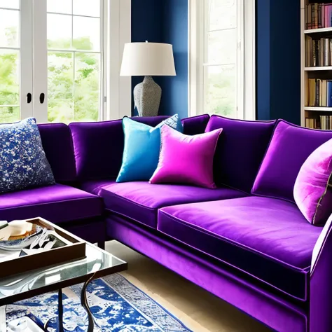 arafed room with a couch, bookshelf, and a vase of flowers, velvet couch, dark purple color scheme, bold moody colors, more dark purple color scheme, blue and violet color scheme, blue and purple colour scheme, embroidered velvet, purple colour scheme, pur...