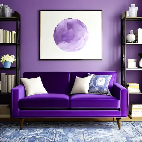 arafed room with a couch, bookshelf, and a vase of flowers, velvet couch, dark purple color scheme, bold moody colors, more dark purple color scheme, blue and violet color scheme, blue and purple colour scheme, embroidered velvet, purple colour scheme, pur...