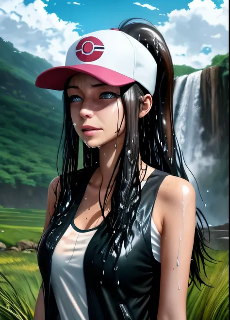 def1, upper body, outdoors, simple background, grass, sky, day, Anime, under waterfall, wet shiny hair, wet bangs over eyes, wet shiny hair over face, wet, hair over eyes, bangs covering eyes, wet long bangs over face, wet hair, def1, upper body, outdoors,...