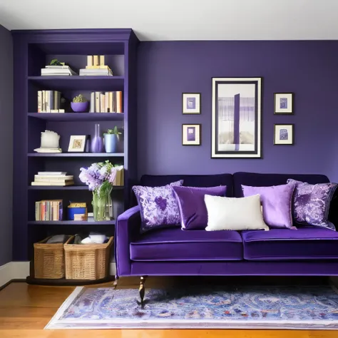 arafed room with a couch, bookshelf, and a vase of flowers, velvet couch, dark purple color scheme, bold moody colors, more dark purple color scheme, blue and violet color scheme, blue and purple colour scheme, embroidered velvet, purple colour scheme, pur...