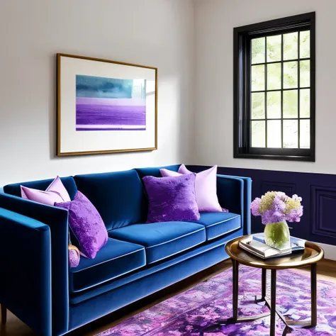 arafed room with a couch, bookshelf, and a vase of flowers, velvet couch, dark purple color scheme, bold moody colors, more dark purple color scheme, blue and violet color scheme, blue and purple colour scheme, embroidered velvet, purple colour scheme, pur...