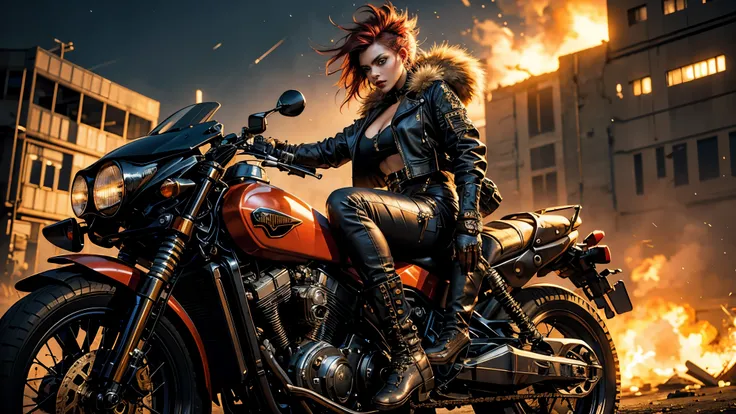 (  masterpiece ,  best quality),  A breathtaking young woman wearing long leather garments  ,  radiant hair flowing in various punk-style colors  , dressed in the Mad Max style :  a leather pilot hat adorned with intricate ornaments  ,  adorned with countl...