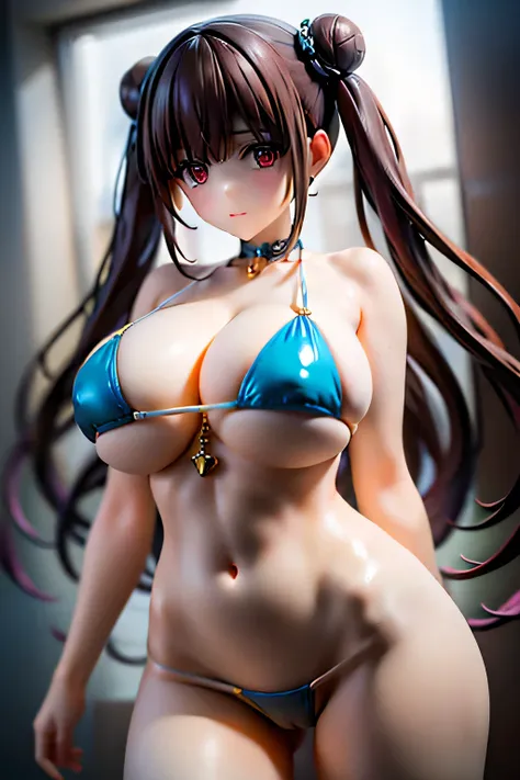 shiina kokomi, brown hair, yellow eyes, medium hair up to buttocks, gigantic Breasts, cleavage  ,Bust 200cm,Crotch Tightening , micro string bikini , open legs pose , chiyoko sonoda, brown hair, (red eyes:1.5), hair bun, long hair, double bun, sidelocks,