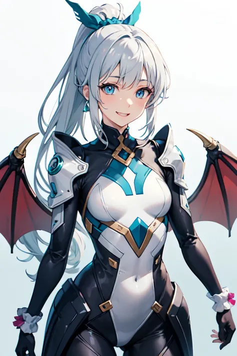 ちびキャラ 22yo palm high ponytail dragon wings dragoon rider suit
solo focus 1girl solo small breasts
slim　round face 
double eyelids eyeshadow Skyblue eyes small nose
updo gray hair big smile  loafers scrunchie  bending over
