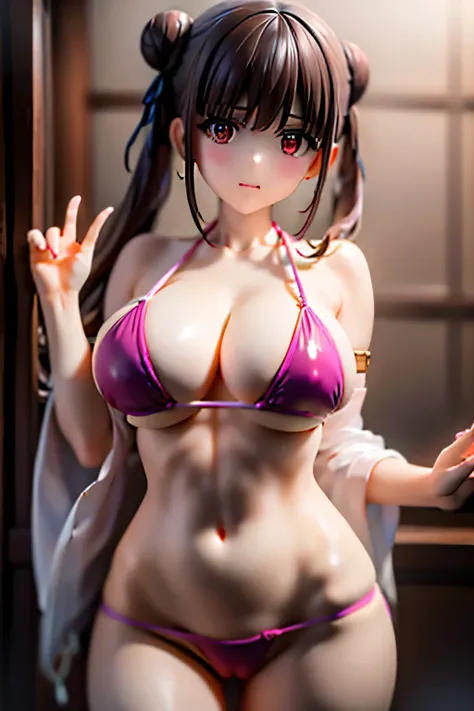 , brown hair, yellow eyes, medium hair up to buttocks,Big Breasts,Bust 85cm,Crotch Tightening , micro string bikini , open legs pose , Chiyoko Sonoda, brown hair, (red eyes:1.5), hair bun, long hair, double bun, sidelocks,