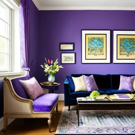 arafed room with a couch, bookshelf, and a vase of flowers, a colorized photo inspired by William Morris, trending on cg society, maximalism, velvet couch, dark purple color scheme, bold moody colors, more dark purple color scheme, blue and violet color sc...