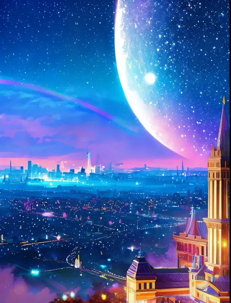  Close-up girl looking up 、 Crying Girl、Girl with a profile 、 Colorful in the background The Metropolitan Museum of Art 、Picture of a river in a rainbow-colored sky with stars and moon 、Met、 輝く skyscraper  、Overall it shines、 skyscraper 、 concept art inspi...