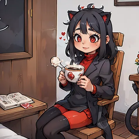  masterpiece , ( a girl)  better quality , Way (lucky winner), (  demon tail ), (junkotvv)  red ribbed sweater ,high neck, black flick,  black jacket , Ojos rojos, cat ears ((( black hair))), medium hair,  straight bangs , trumpets, cups, ( heart-shaped pu...