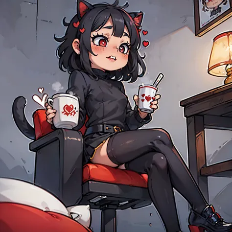  masterpiece , ( a girl)  better quality , Way (lucky winner), (  demon tail ), (junkotvv)  red ribbed sweater ,high neck, black flick,  black jacket , Ojos rojos, cat ears ((( black hair))), medium hair,  straight bangs , trumpets, cups, ( heart-shaped pu...