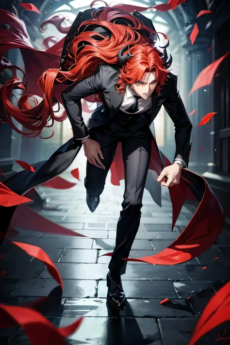 anime character with red hair and horns in a black suit, anime handsome man, beautiful  prince, tall anime guy with blue eyes, anime portrait of a handsome man, handsome japanese demon boy, handsome guy in demon slayer art, masculine prince, dapper dream d...