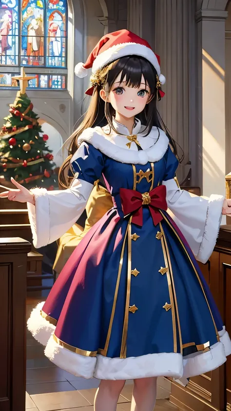  fun christmas costumes、colorful and cheerful 、 fantasy standing in a church、 High Quality 、 high image quality、masterpiece、wallpaper、8k、