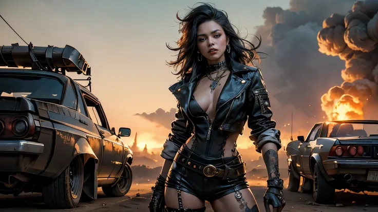 (  masterpiece ,  best quality),  A breathtaking young woman wearing long leather garments , always in the foreground ,  radiant hair flowing in various punk-style colors  , dressed in the Mad Max style :  a leather pilot hat adorned with intricate ornamen...