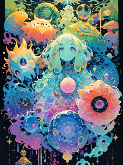 Slime-like creatures, shining, transparent gels, coming out of sealed wells, the essence of magic, nohumans, magic circles, rainbow magic、like a painting、watercolor画風, The Art of Mathematics, Official Art, Masterpiece , beautiful, ((watercolor)), paint spl...