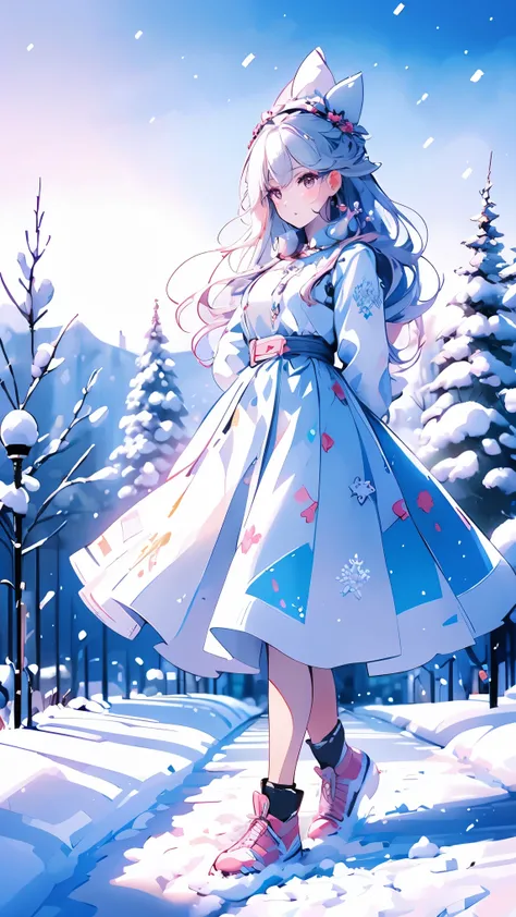 Pink illustration, Snow, Sample, Foot Prints, Foot Prints on snow, American Town, Higher and higher, Very detailed and good drawing, Center, 4, Cloudy Sky, Nice picture, Georgia, Columbia, Alice in Mirrorland, A beautiful woman walks on a snowy road, Game ...