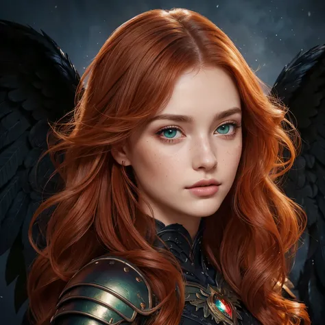 Gothic Makeup Fantasy Metal Plate Armor Black Feathered Angel Wings Sprouting From Her Shoulders Ginger Hair A highly detailed digital painting depicts an ethereal young woman portrayed by a young Felicia Day with vibrant, wavy ginger hair cascading down t...