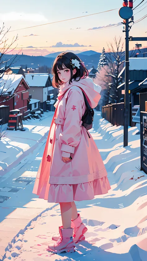 Pink illustration, Snow, Sample, Foot Prints, Foot Prints on snow, American Town, Higher and higher, Very detailed and good drawing, Center, 4, Cloudy Sky, Nice picture, Georgia, Columbia, Alice in Mirrorland, A beautiful woman walks on a snowy road, Game ...