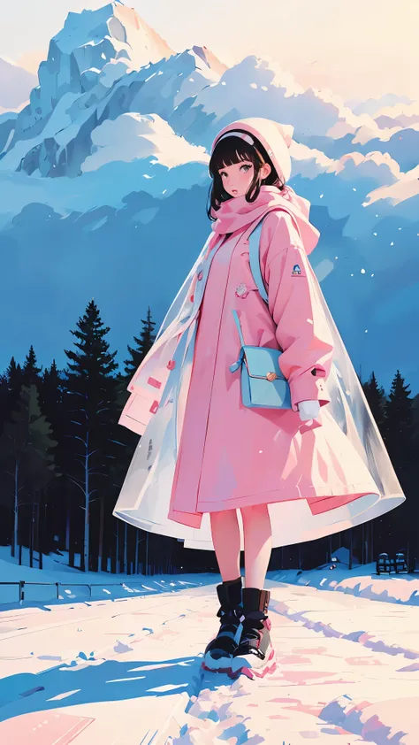 Pink illustration, Snow, Sample, Foot Prints, Foot Prints on snow, American Town, Higher and higher, Very detailed and good drawing, Center, 4, Cloudy Sky, Nice picture, Georgia, Columbia, Alice in Mirrorland, A beautiful woman walks on a snowy road, Game ...