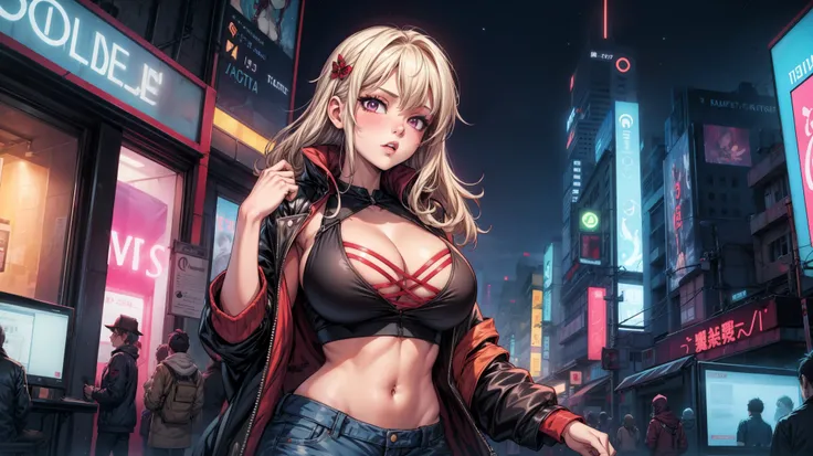 sexy anime 1girl, aesthetic, vanilla, cleavage, night, neon city, lofi, big , crop top 
