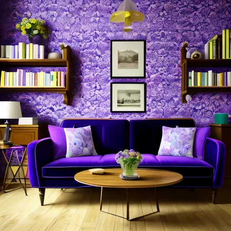 arafed room with a couch, bookshelf, and a vase of flowers, a colorized photo inspired by William Morris, trending on cg society, maximalism, velvet couch, dark purple color scheme, bold moody colors, more dark purple color scheme, blue and violet color sc...