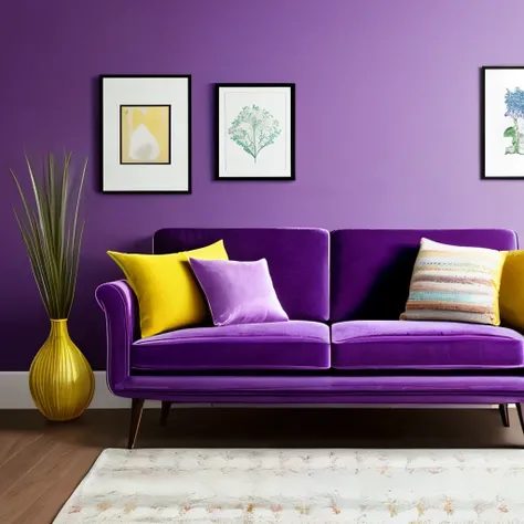 arafed room with a couch, bookshelf, and a vase of flowers, a colorized photo inspired by William Morris, trending on cg society, maximalism, velvet couch, dark purple color scheme, bold moody colors, more dark purple color scheme, blue and violet color sc...