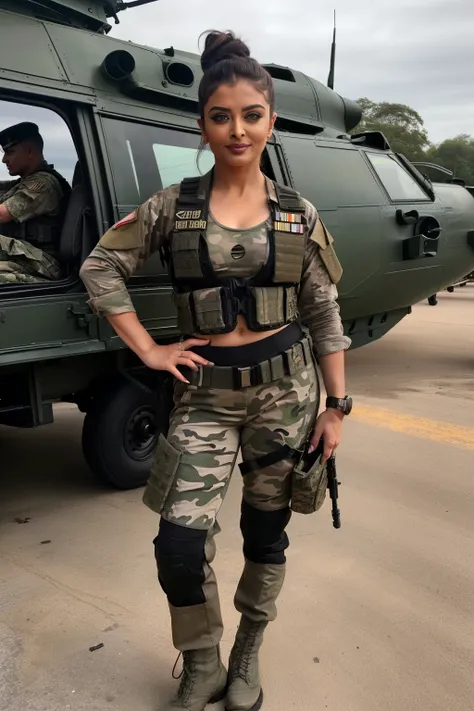 Full body photo of 50YO MATURE MILF AISHWARYA RAI as ARMY MILF COMMANDO, WEARING (((FULL ARMY GEAR))), ((((DARK SMOKY EYE MAKEUP AND FALSE EYELASHES)))), COMBAT BOOTS, COMBAT GLOVES, KNEEPADS, CAMO PLATE CARRIER RIG, intricate details, POSING next to army ...