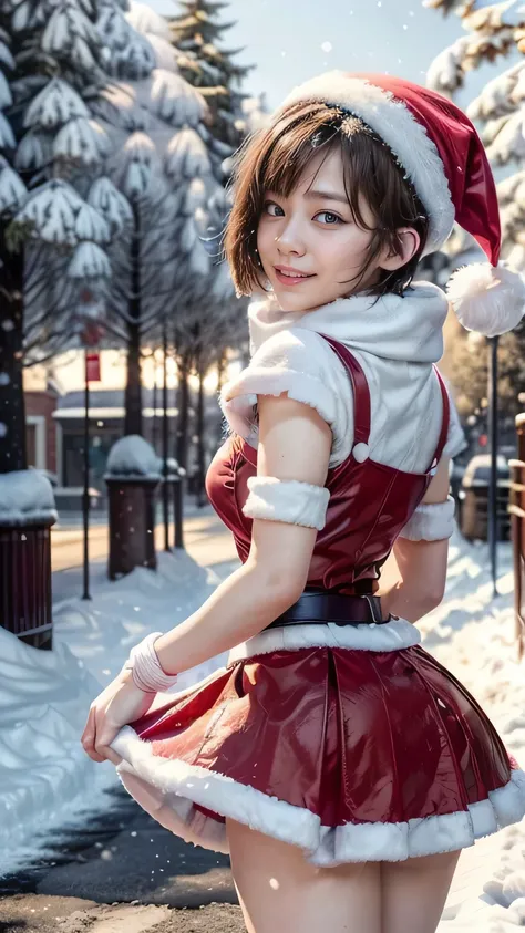  mini skirt Santa 、(Squint your eyes and laugh:1.5、 big smile when looking back)、(Winter Street Trees :1.5、 Snow Is Piling Up:1.5)、 cleavage:1.3、( realistic 、 as pictured 、live-action、8k,  realistic ,  RAW photo,  Max Image: 1.4),   SLR camera、 RAW photo, ...