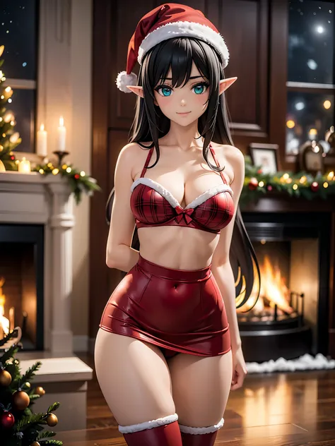 detailed image, realistic image, 1 elf, has very long black hair, wavy, turquoise eyes, smiling. She has a curvy body, medium breasts, slim waist, wide hips, thick thighs. She is dressed in a red Christmas bra, Christmas hat, pleated mini skirt with Christ...