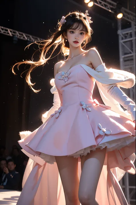 cyb dress, pink dress, dress, pom pom, bow, long sleeves, puffy sleeves, ((3/4 shot:1.3)), (from below:1.2), (1girl solo), A stunningly beautiful model on a runway stage, ((single bare shoulder)), (Full breasts, visible cleavage, very short hemlines, revea...