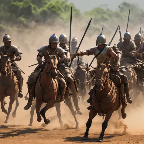 army of ancient Thai swordmen and horsemen scuffle fighting, some hold a spear and some hold a sword, the war dust and smoke flow over the battlefield, dramatic tone, smoky war dust, Anatomically Correct, Best Quality, Masterpiece, High Resolution, Facepai...