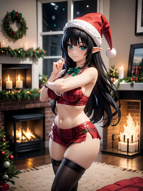 detailed image, realistic image, 1 elf, has very long black hair, wavy, turquoise eyes, smiling. She has a curvy body, medium breasts, slim waist, wide hips, thick thighs. She is dressed in a red Christmas bra, Christmas hat, pleated mini skirt with Christ...