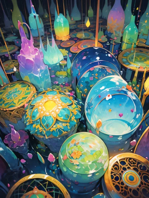 Slime-like creatures, shining, transparent gels, coming out of sealed wells, the essence of magic, nohumans, magic circles, rainbow magic、like a painting、watercolor画風, The Art of Mathematics, Official Art, Masterpiece , beautiful, ((watercolor)), paint spl...