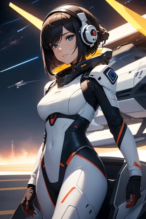 (( top quality)), ((masterpiece)), ( Details), 「A charismatic pilot stands near her sleek spacecraft at a futuristic spaceport, adjusting her helmet with a slight smile while gazing forward confidently. Her expression exudes optimism, capturing the spirit ...