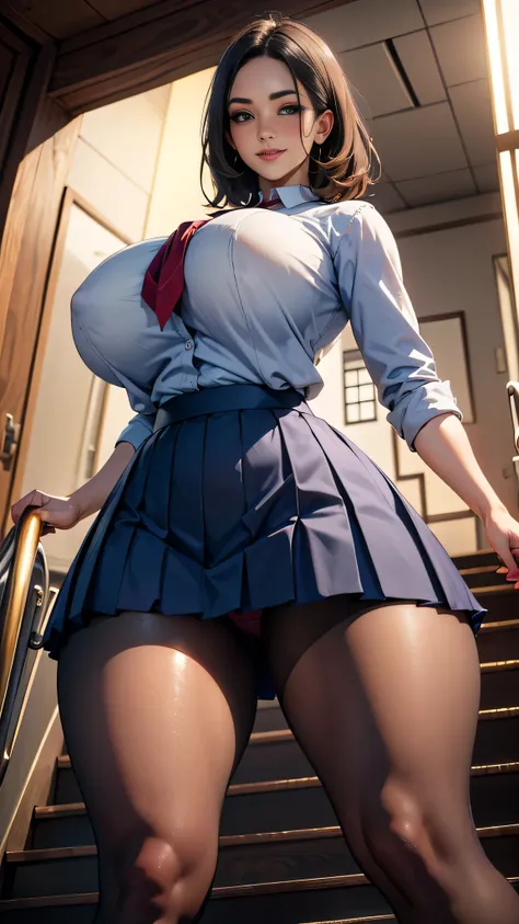  plump high school girl， RAW photo，High Cut， low angle（ school uniform， navy blue mini skirt，  navy blue pleated skirt ，pubic hair:1.5），  please go down the stairs ，， poseを取る，Bob， pose， cowboy shooting， kind smiles，long term，camels toes， from below:1.3，Poi...