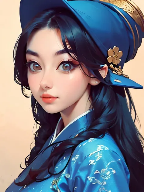 a close up of a woman in a blue dress with a hat, inspired by Jin Nong, inspired by Leng Mei, inspired by Pu Hua, very detailed and rich clothing, inspired by Li Mei-shu, palace ， a girl in hanfu, chinese costume, inspired by Qiu Ying, inspired by Lan Ying...