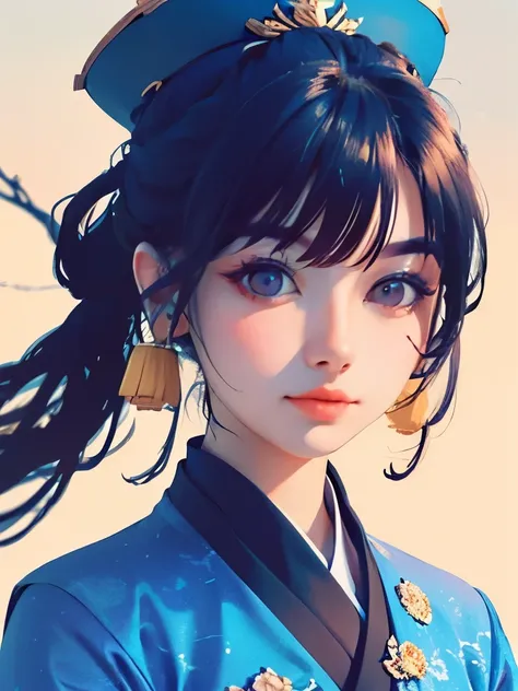 a close up of a woman in a blue dress with a hat, inspired by Jin Nong, inspired by Leng Mei, inspired by Pu Hua, very detailed and rich clothing, inspired by Li Mei-shu, palace ， a girl in hanfu, chinese costume, inspired by Qiu Ying, inspired by Lan Ying...