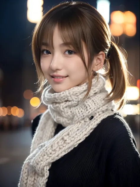  1. Japanese Idols,( black sweater :1.4),( She wears a knitted snood around her neck to hide her chin..........:1.5), ( RAW photos ,  top quality), ( realistic ,  photorealistic:1.4),  short hair, Narrow Face, masterpiece,  is extremely delicate and beauti...