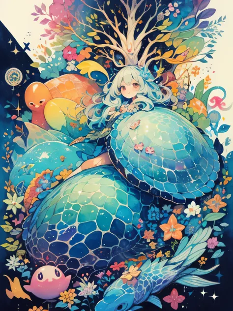  Legendary Creatures、(1 large rainbow-colored sea turtle),deep sea,Beautiful sparkle、Slime-like creatures, shining, transparent gels, coming out of sealed wells, the essence of magic, nohumans, magic circles, rainbow magic、like a painting、watercolor画風, The...